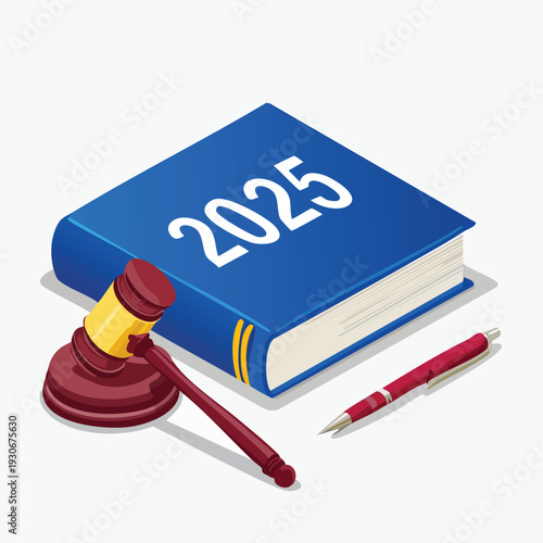 Isometric view of gavel book and pen representing law concept