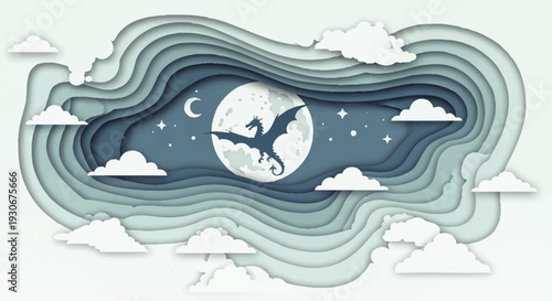 Captivating layered paper cut illustration depicting a mythical dragon soaring through a starry night sky, silhouetted against a radiant full moon amidst soft clouds