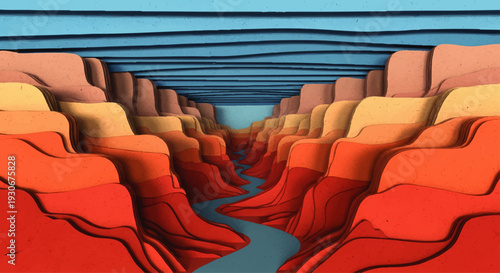 Vibrant, Stylized Canyon Landscape with a Winding River Under a Blue Sky