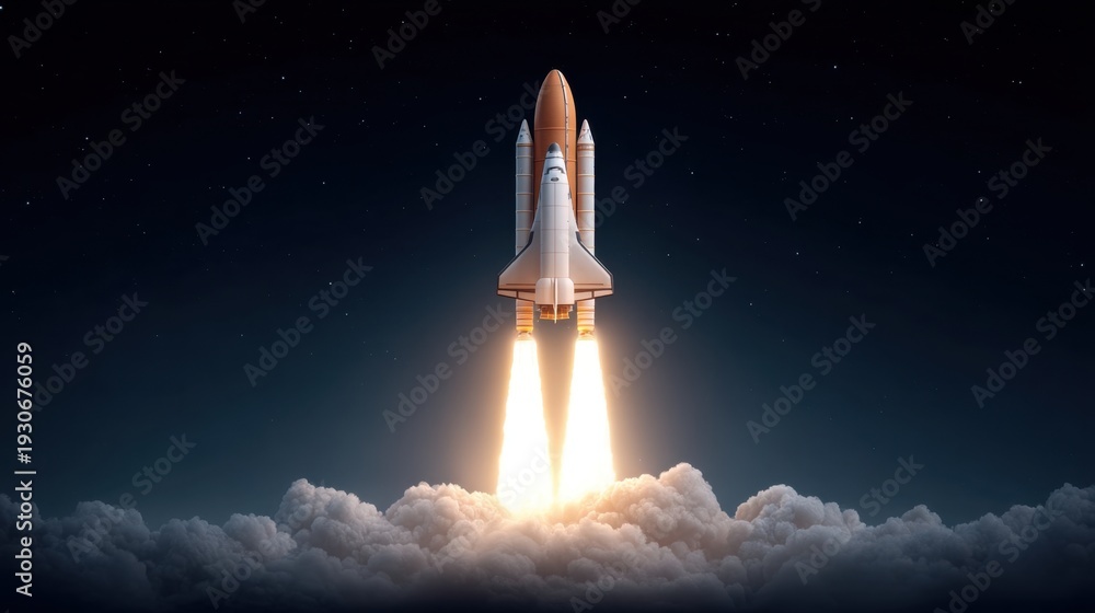 Naklejka premium Stunning Space Shuttle Launch at Night with Blazing Flames and Bright Contrails Against Starry Sky