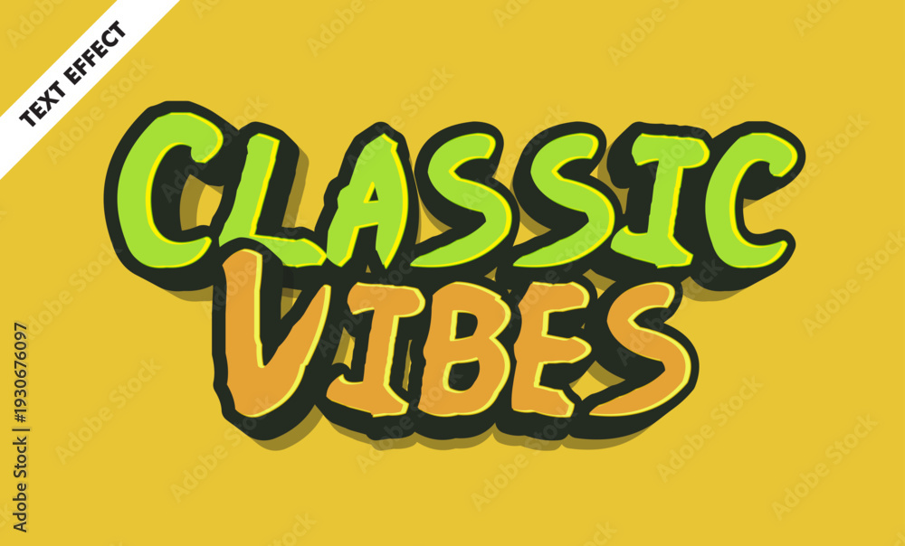 Fototapeta premium Classic vibes text effect with 3d retro cartoon style and green yellow palette