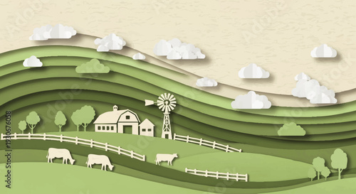 Charming paper cut illustration of a serene rural farm landscape with grazing cows, a barn, and a windmill on rolling green hills under a cloudy sky, showcasing a peaceful countryside scene
