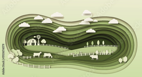 Layered paper cut illustration of a serene rural farm landscape with rolling green hills, a classic barn, grazing cows, and fluffy clouds, showcasing depth and peaceful countryside