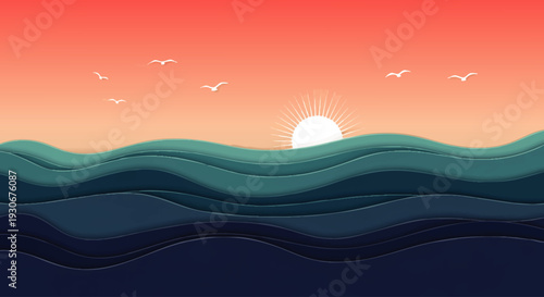 Serene Ocean Waves Under a Warm Sunset with Silhouetted Birds Flying in the Sky