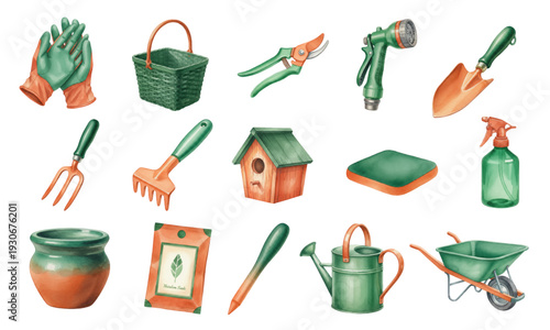 Watercolor gardening tools and equipment set