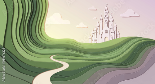 Whimsical layered paper art landscape with a winding path leading to a majestic fairytale castle on rolling hills under a soft, dreamy sky, depicting a magical journey and imaginative adventure
