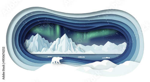 Conceptual paper cut illustration of an Arctic landscape with a polar bear and icebergs under the Northern Lights, a captivating winter wilderness concept