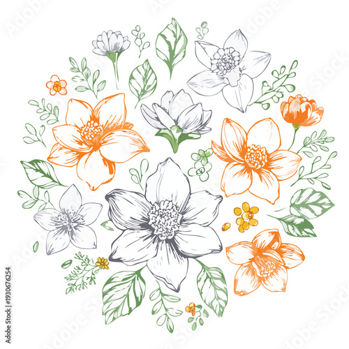 Floral illustration featuring sketched flowers and leaves design