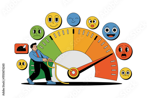 A man adjusting a large mood meter with various emoticon faces around it
