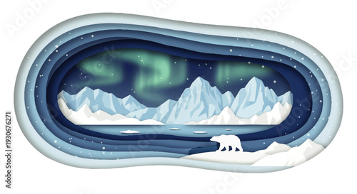 Stunning paper cut style illustration of a serene Arctic landscape at night, featuring majestic icebergs, a solitary polar bear under the mesmerizing green glow of the Northern Lights