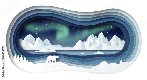 Captivating layered paper cut illustration showcasing a tranquil Arctic scene with a polar bear traversing a snowy terrain, majestic icebergs, and the luminous Northern Lights dancing across the sky