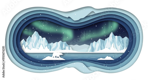 Serene layered paper cut art of the Arctic. Majestic icebergs, a lone polar bear, and the captivating Northern Lights illuminate a tranquil, icy winter wonderland