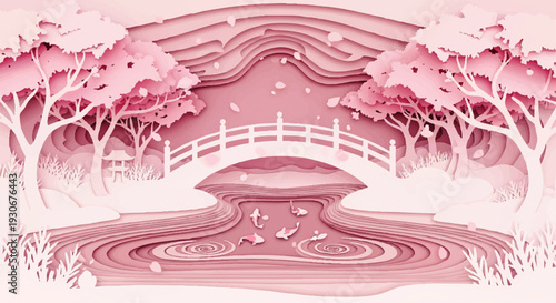 Enchanting Japanese Springtime Landscape in Paper Cut Art Style A Serene Scene with Blooming Cherry Blossoms, an Elegant Bridge, and Playful Koi Fish in a Gentle Pink River