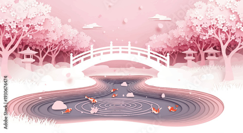 Graceful illustration of a serene cherry blossom landscape, featuring a traditional Japanese arched bridge over a tranquil koi pond, surrounded by delicate pink trees and garden elements