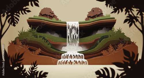 Serene paper cut-out landscape illustration featuring a multi-layered waterfall cascading between lush, green landforms, evoking a tranquil natural paradise