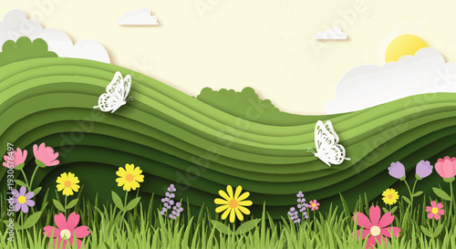 Whimsical layered paper art landscape featuring rolling green hills, colorful spring flowers, and graceful butterflies under a bright sunny sky, evoking a serene and vibrant natural scene