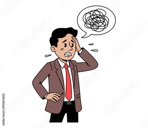 A stressed businessman with a confused expression and a chaotic thought bubble