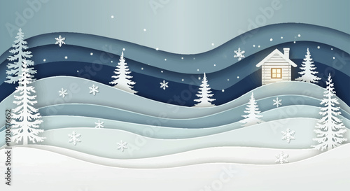 Captivating layered paper art illustration of a serene winter wonderland, featuring a cozy snow-covered house and elegant pine trees under a tranquil, snowy sky