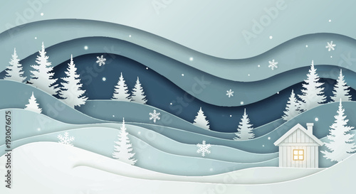 Serene paper-cut winter landscape featuring a cozy house, snow-covered trees, and delicate falling snowflakes, perfect for festive holiday designs