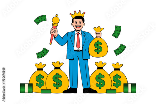 A cartoon businessman wearing a crown and surrounded by money bags and cash
