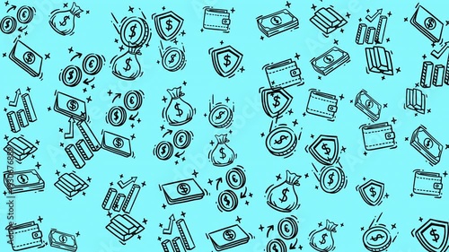 Money bags, coins, wallets, bills on turquoise background. Perfect for finance, savings, investment, wealth, banking or moneyrelated concepts.