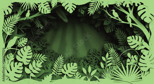 Lush layered paper cut jungle illustration with dense tropical foliage and sun rays beaming through a mystical forest opening, featuring two hidden birds