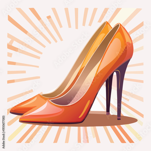 Pair of stylish red high heeled shoes on sunburst background