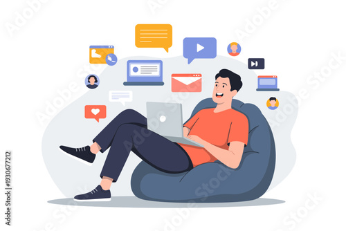 A man relaxing on a bean bag chair with a laptop and surrounded by social media icons and notifications