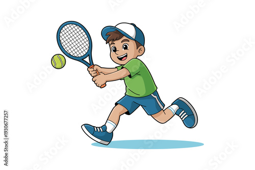 A cartoon boy playing tennis with a racket and ball in a fun outdoor setting