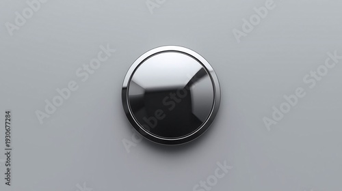 Shiny Metallic Circle Button on Gray Background, Abstract Design Element