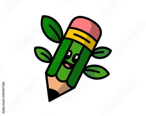 A cartoon pencil with a smiling face and green leaves growing out of it, symbolizing creativity and growth.
