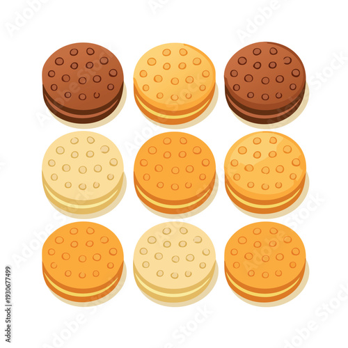 Isometric arrangement of assorted cookies with cream filling