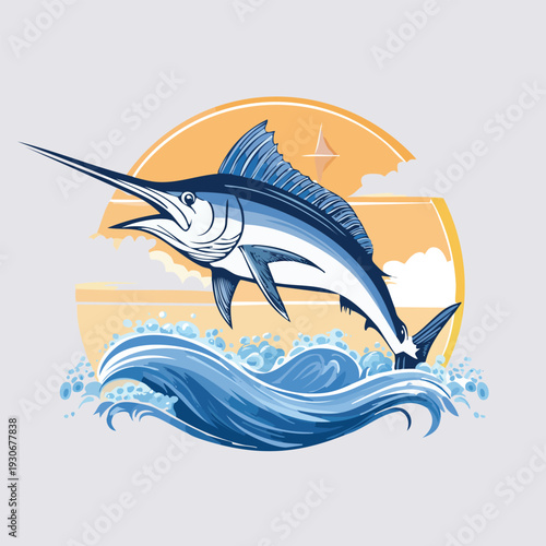 Jumping blue marlin illustration against sunset background