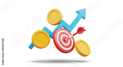 Financial growth concept with upward arrow coins target and dart arrow hitting bullseye on white background