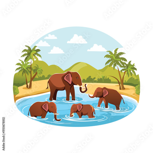 Herd of elephants cooling off in a tropical oasis