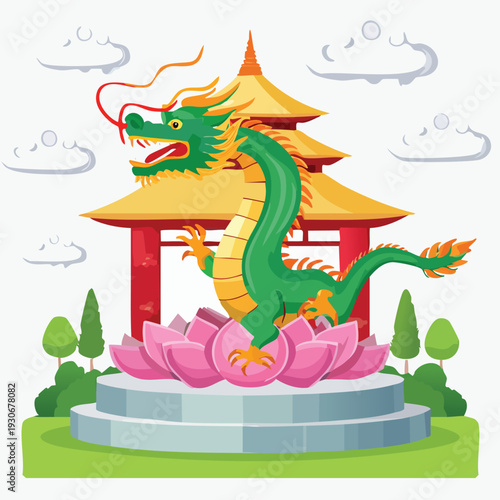 Green dragon statue in front of a pagoda illustration