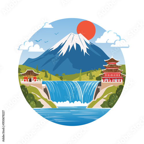 Wallpaper Mural Mountain scene with waterfall and traditional architecture Torontodigital.ca