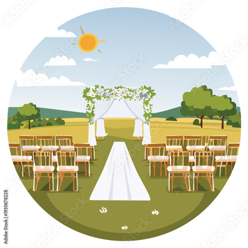 Outdoor wedding ceremony setting with chairs arch and sunlight