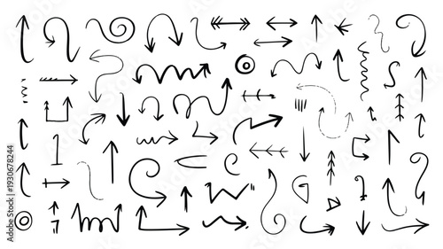 Hand drawn arrows in various shapes and directions for design and illustration