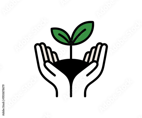 A minimalist vector graphic of two hands cradling a small green plant with two leaves, symbolizing growth and nurturing.