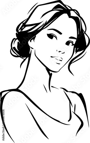 Hand Drawn Beautiful Woman Black and White Avatar Illustration in Minimal Line Art Style Design