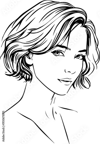 Hand Drawn Beautiful Woman Black and White Avatar Illustration in Minimal Line Art Style Design