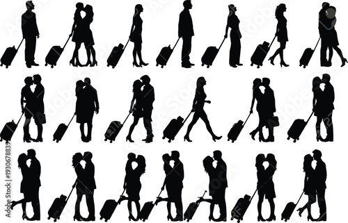Couple silhouettes with luggage, travel vector illustration, romantic vacation artwork, airport passengers design, tourism journey concept, migration scene, outdoor trip people silhouettes