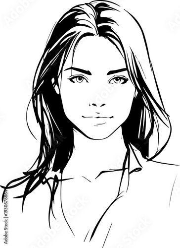 Hand Drawn Beautiful Woman Black and White Avatar Illustration in Minimal Line Art Style Design