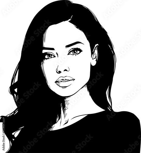 Hand Drawn Beautiful Woman Black and White Avatar Illustration in Minimal Line Art Style Design