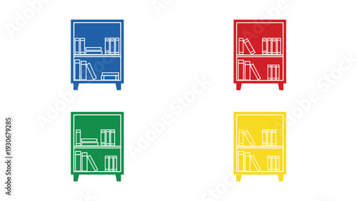 Four colorful modern bookshelf designs displayed in a grid layout.