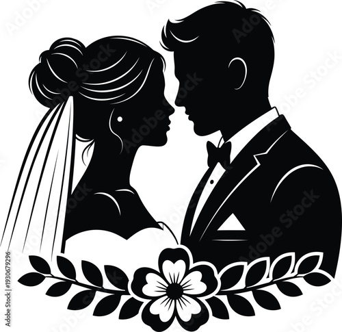 Vector silhouette illustration of bride and groom in profile with floral wreath, romantic wedding portrait