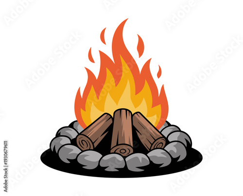 A vibrant campfire illustration with flames and logs surrounded by stones in a circular pattern on a white background