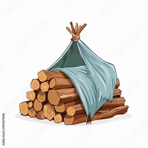 Pile of cut logs covered with tarp on white background