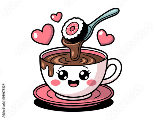 A cute cartoon coffee cup with a smiling face and hearts around it, filled with chocolate and topped with a piece of sushi.